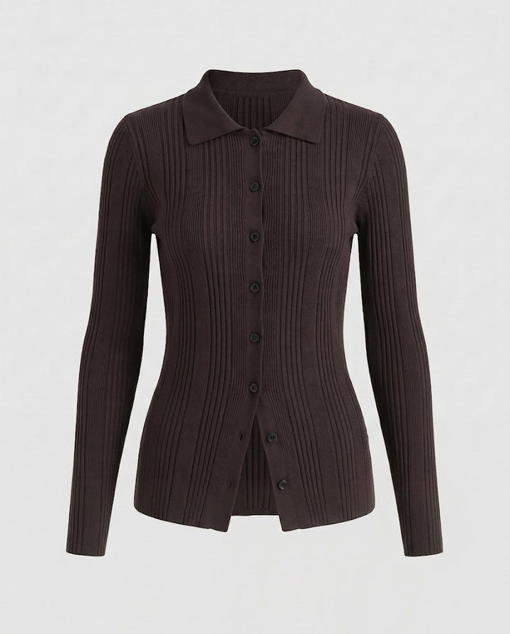 Women's Ribbed Fine Knit Cardigan with Shirt Collar and Continuous Button Placket Amarae