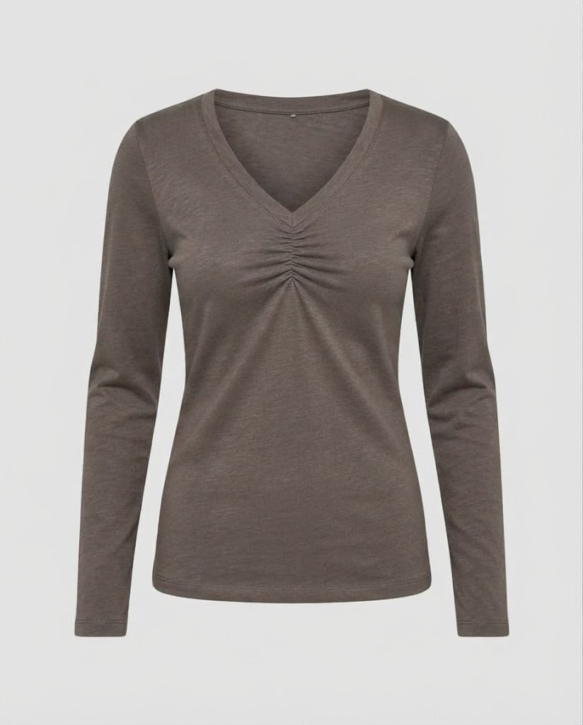 Ladies Long Sleeve V-Neck Shirt with Gathering and Fine Jersey Quality Amarae