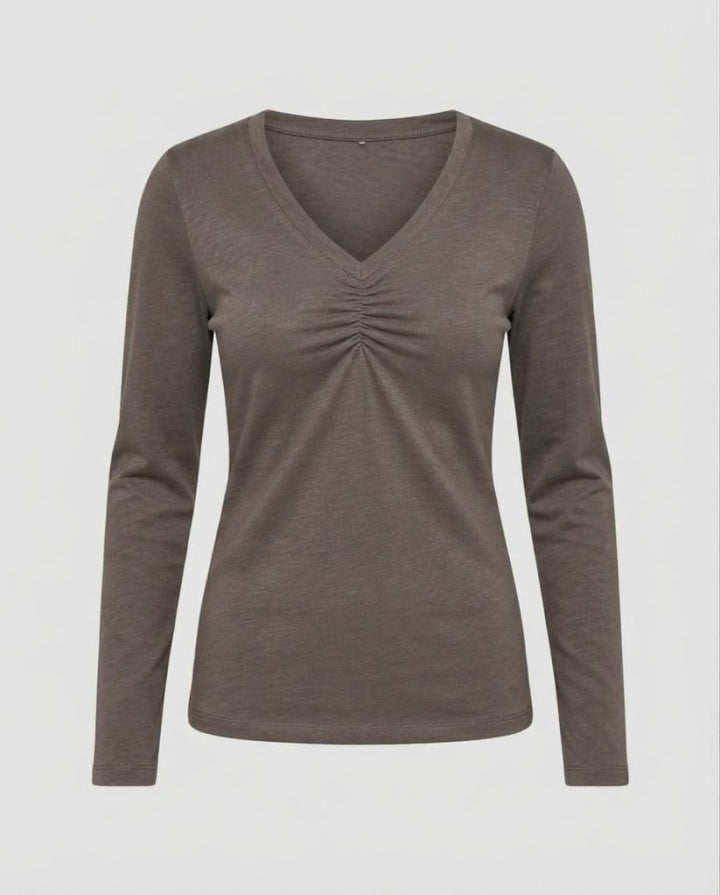 Ladies Long Sleeve V-Neck Shirt with Gathering and Fine Jersey Quality Amarae