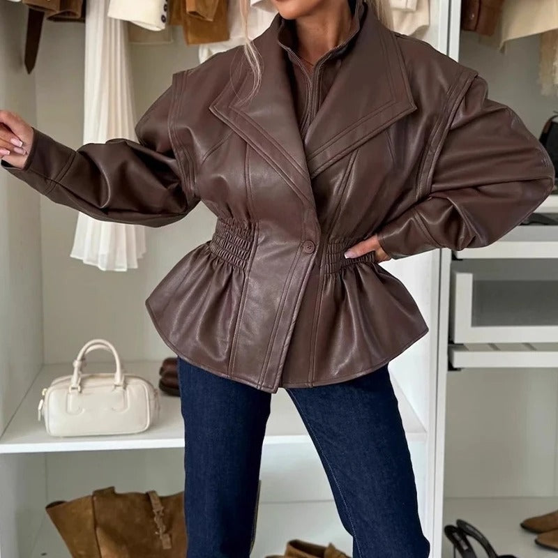 Amarae | Stylish faux leather motorcycle jacket with lapel collar and elasticated waistband
