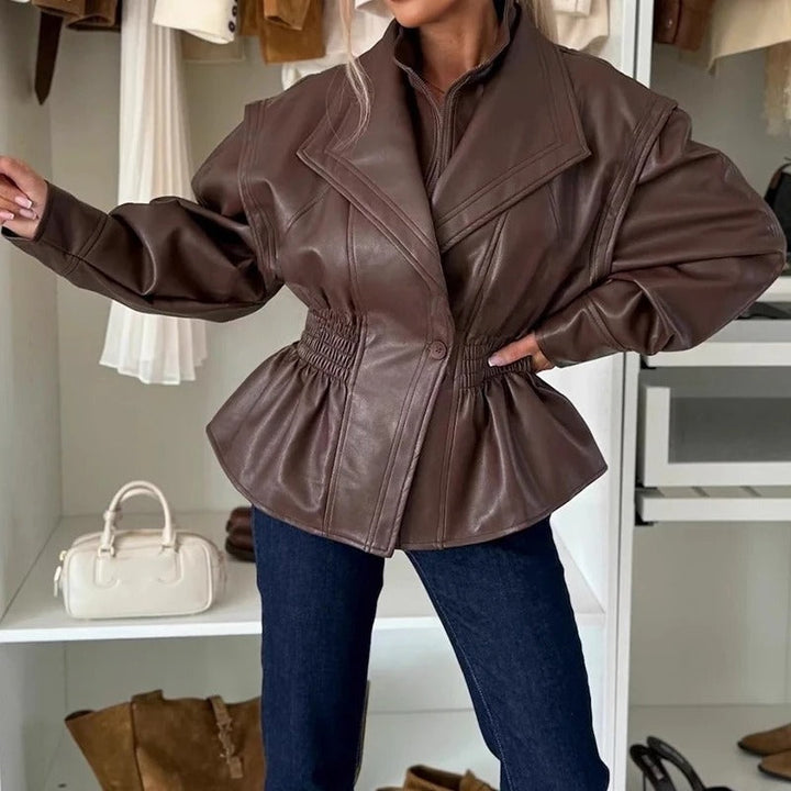 Amarae | Stylish faux leather motorcycle jacket with lapel collar and elasticated waistband