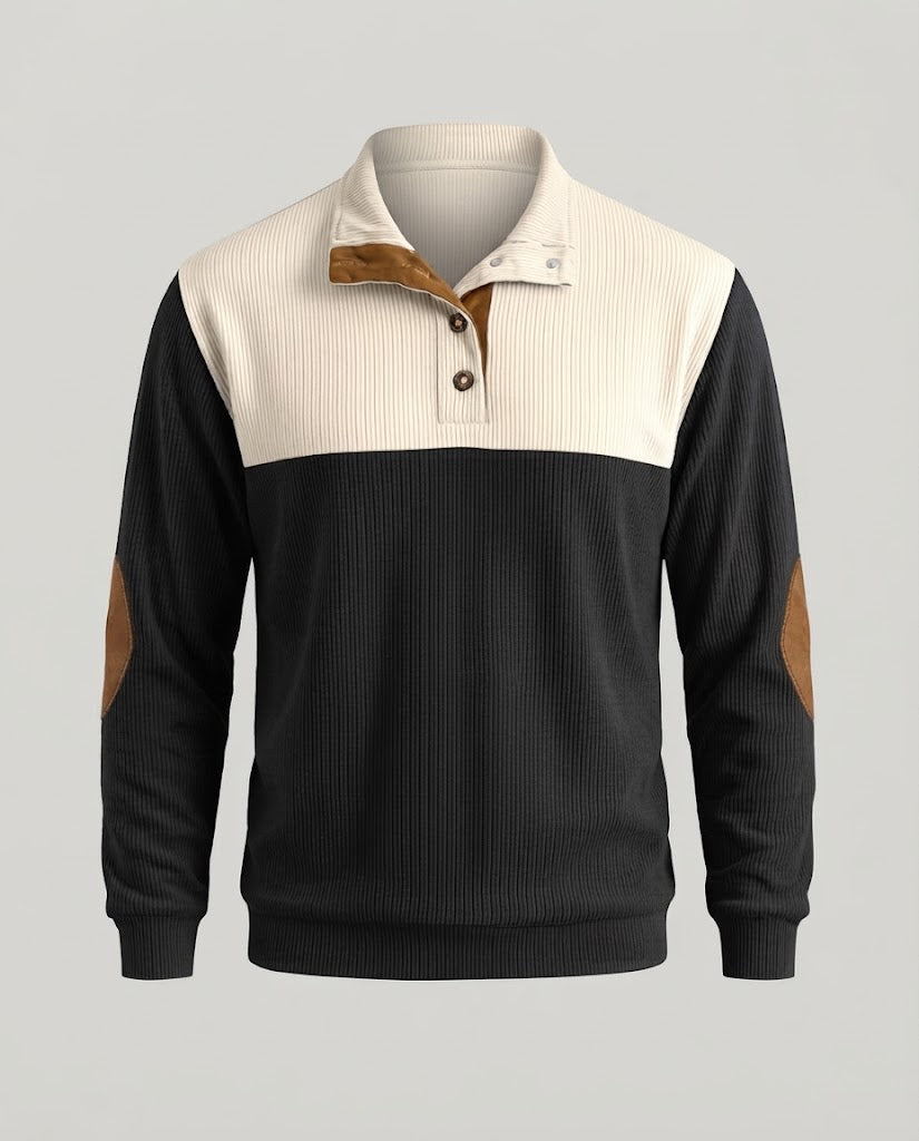 Men's ribbed Henley sweater with contrasting shoulder area and elbow patches Amarae