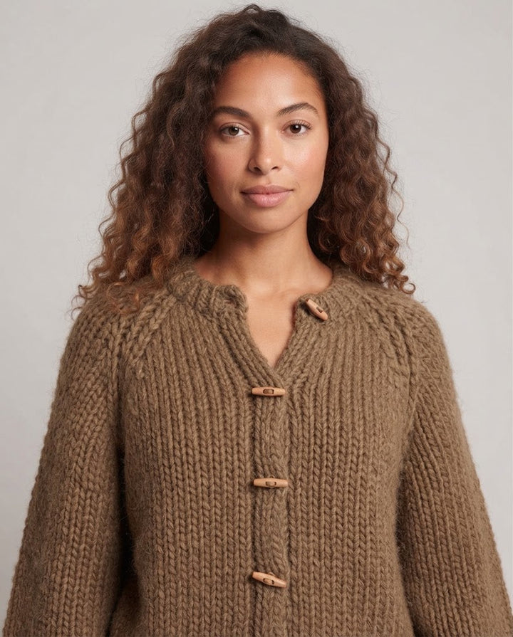 Women's chunky knit short cardigan with toggle buttons and voluminous balloon sleeves Amarae