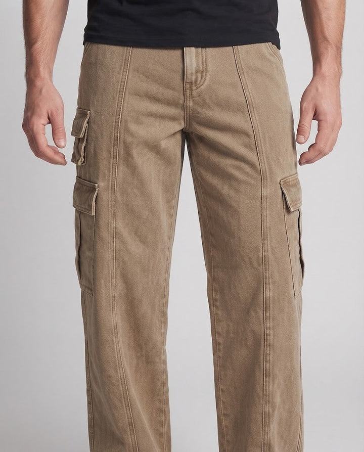 Men's Wide Utility Cargo Palazzo Pants with Multiple Pockets and Visible Quilted Seams Amarae
