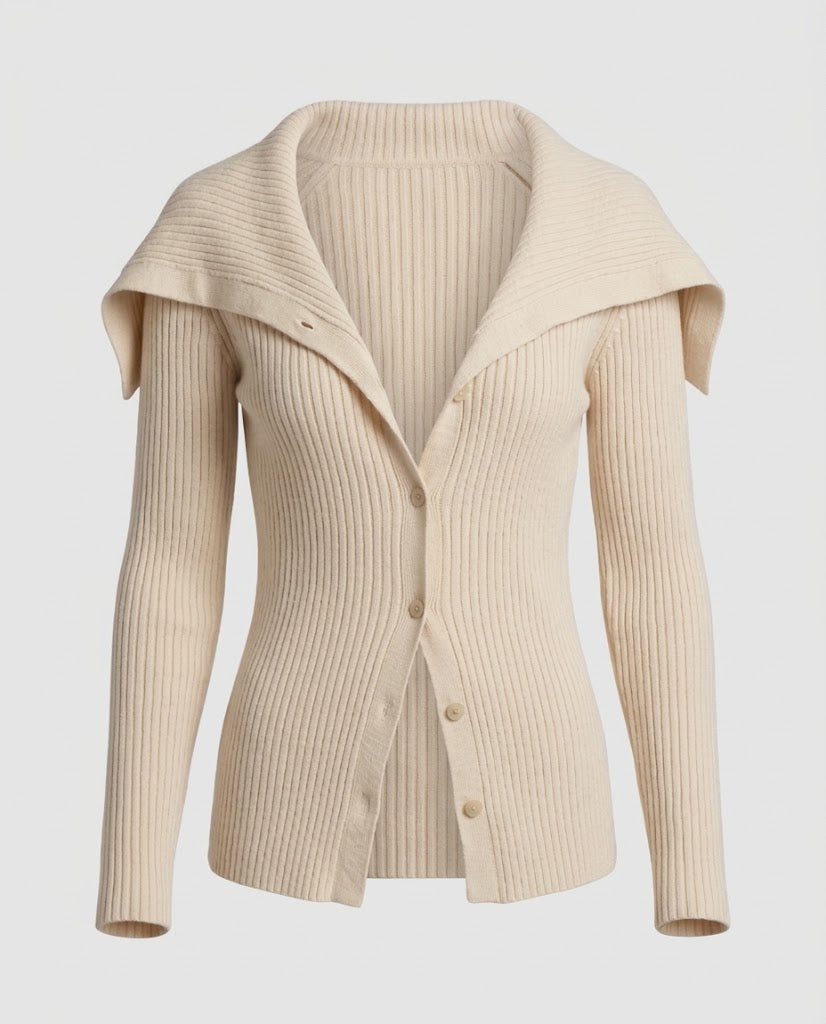 Women Ribbed Knit Cardigan with Fold-Down Shoulder Collar and Button Placket Amarae