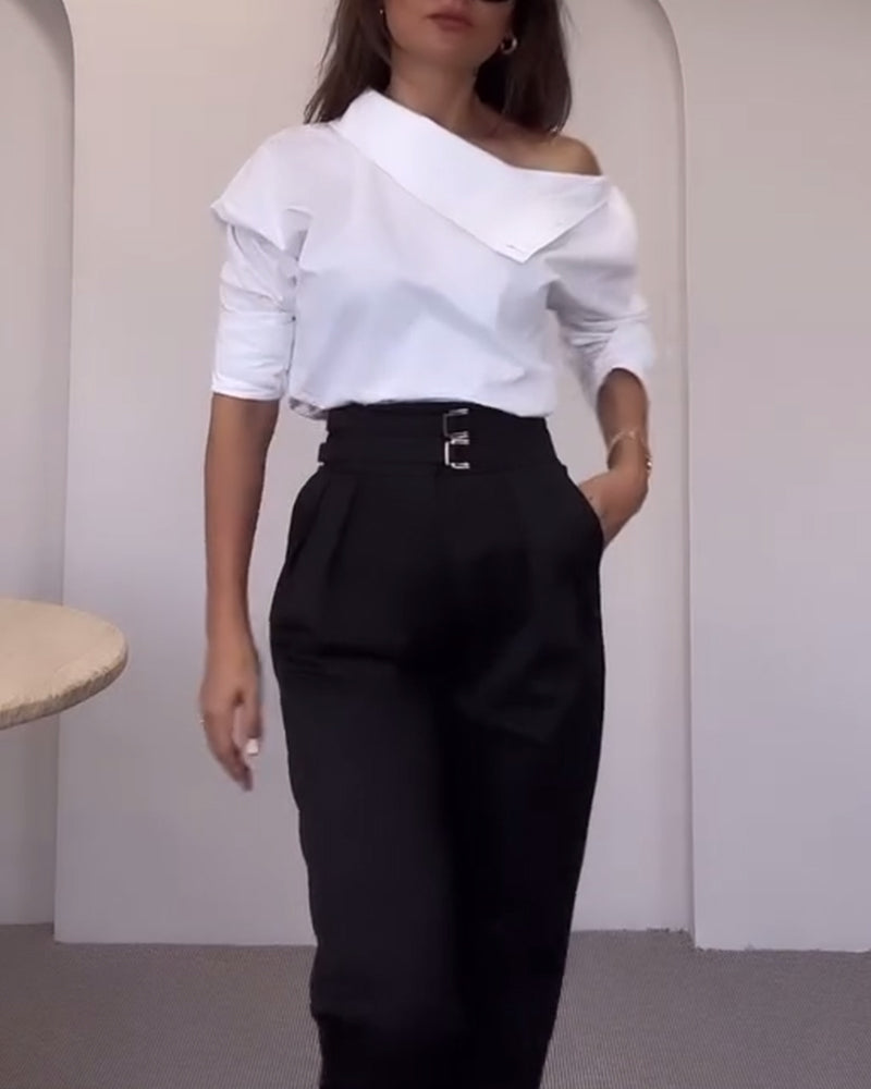 Women’s Cotton-Blend Blouse with Stand-Up Collar & Buckle Detail | Amarae