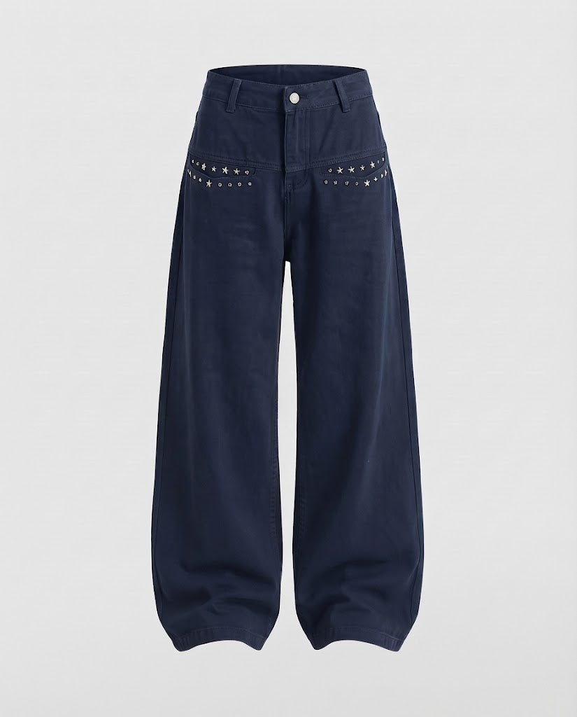 Ladies Extra Wide Palazzo Pants made of Canvas with Decorative Rivets on the Front Pockets Amarae