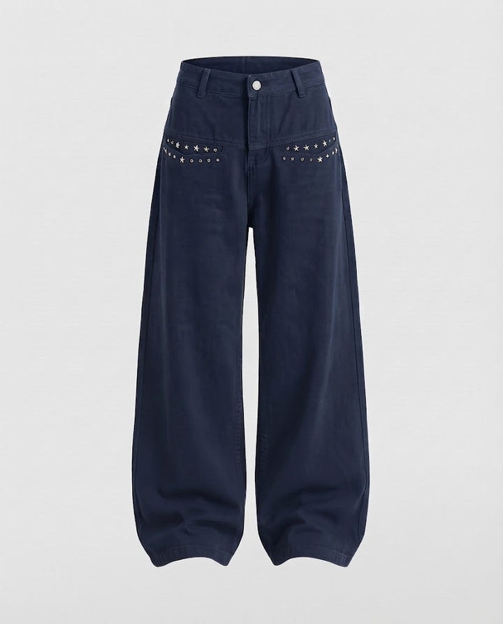 Ladies Extra Wide Palazzo Pants made of Canvas with Decorative Rivets on the Front Pockets Amarae