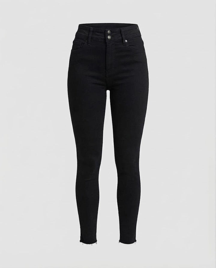 Ladies Highwaist Skinny Jeans with double button placket and raw hem Amarae