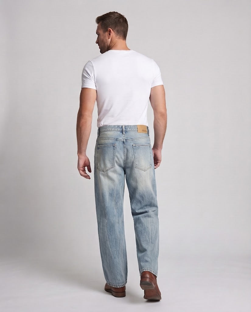 Men's Extra Wide Palazzo Denim Jeans with Low Rise, Distressed Knees and Vintage Wash Amarae