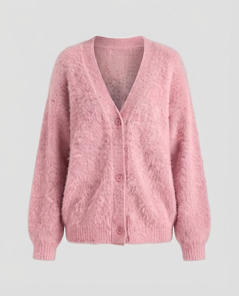 Women Fluffy Oversize Cardigan with V-Neck and Wooden Buttons Amarae