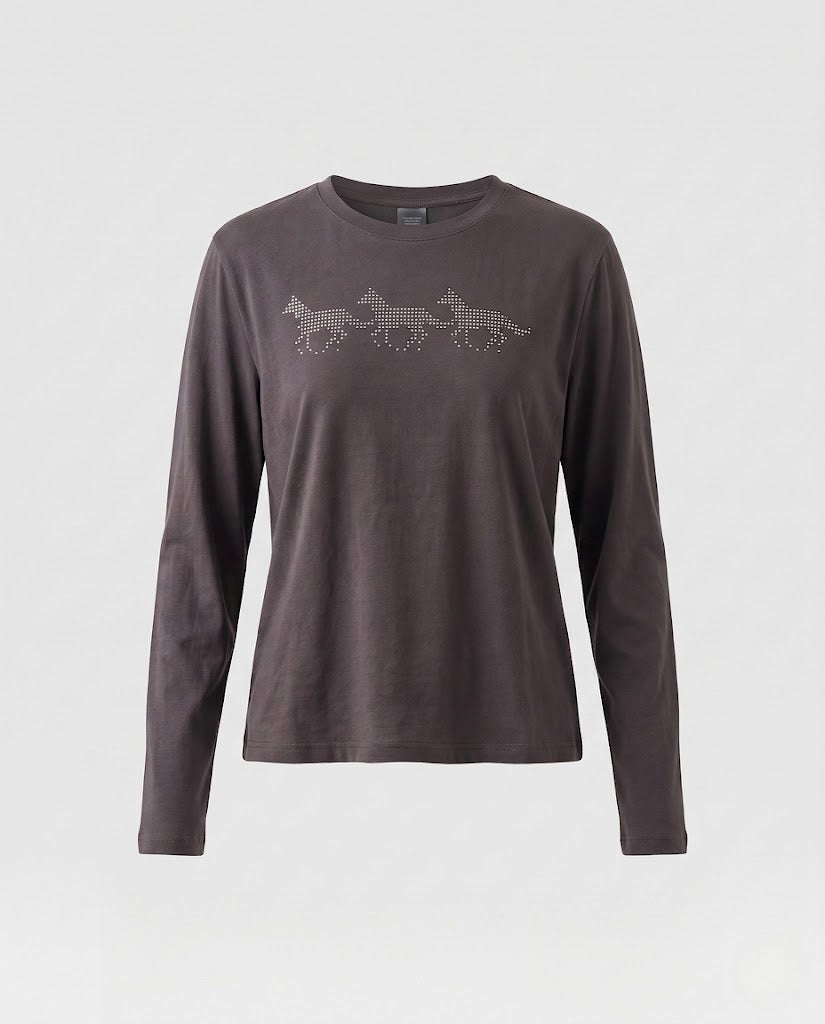 Women's fine long-sleeve shirt made of cotton jersey with rhinestone horse motif and flared thumb hole sleeves Amarae