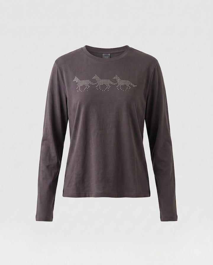 Women's fine long-sleeve shirt made of cotton jersey with rhinestone horse motif and flared thumb hole sleeves Amarae