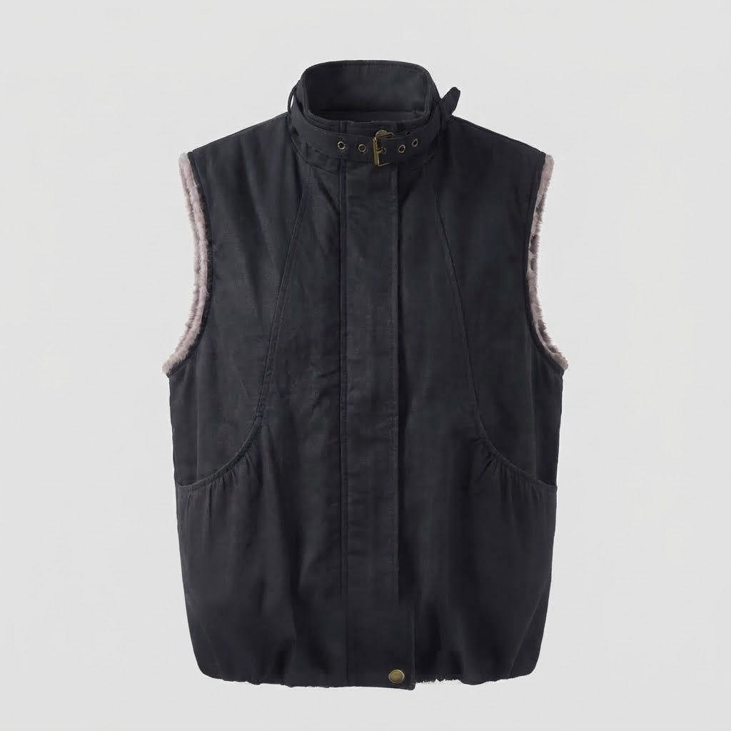 Women's Sleeveless Velour Quilted Vest with Faux Fur Lining and Adjustable Stand Collar Amarae