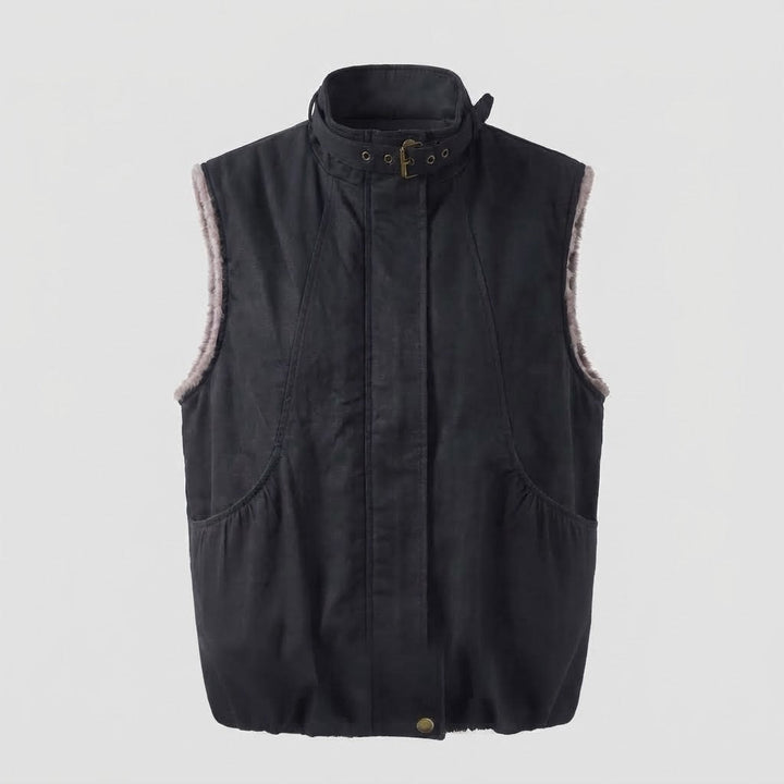 Women's Sleeveless Velour Quilted Vest with Faux Fur Lining and Adjustable Stand Collar Amarae