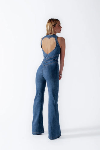 Amarae | Women's denim overalls, back cutout with heart-shaped neckline, sleeveless, fitted, jumpsuit