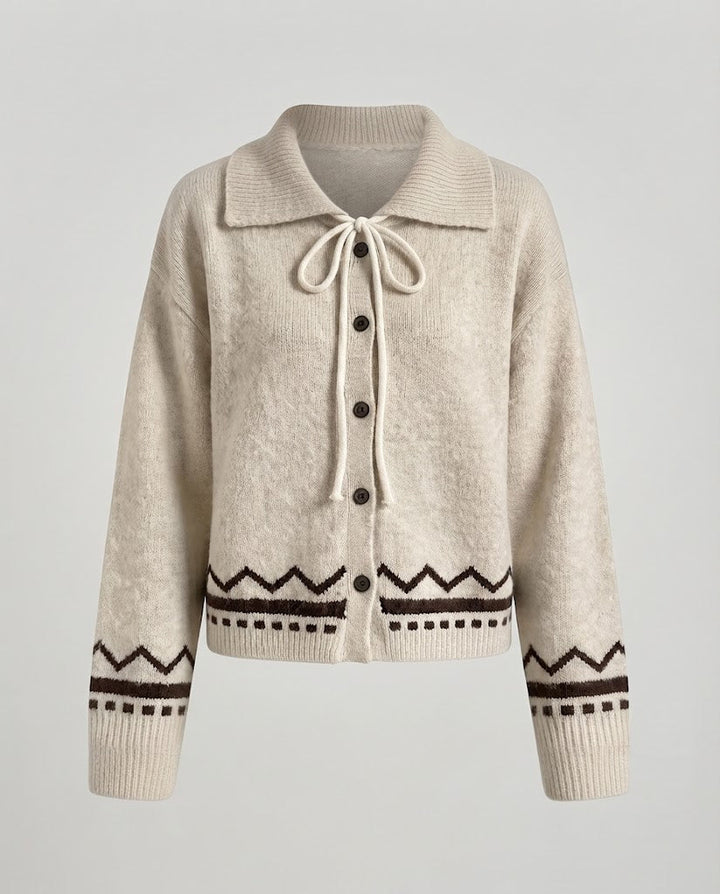 Women Short-Cut Cardigan with Lapel Collar, Buttoned Front and Norwegian Intarsia Amarae