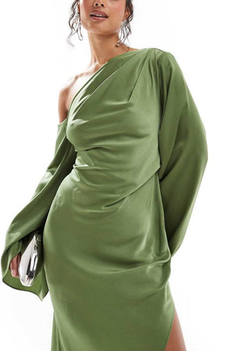 Chic und Stil | Zayla Satin Asymmetrical One Shoulder Bell Sleeve Split Maxi Dress