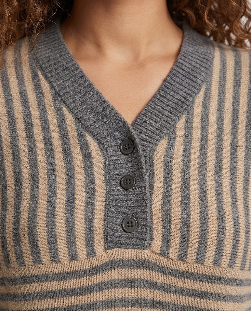 Women's Striped Fine Knit Sweater with V-Neck, Button Placket and Cropped Silhouette Amarae