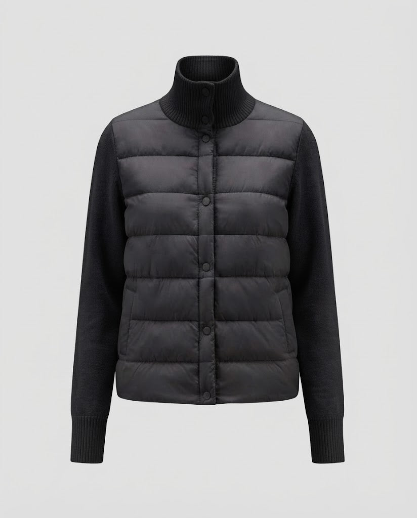 Women short cut quilted jacket with knitted sleeves and high ribbed collar Amarae