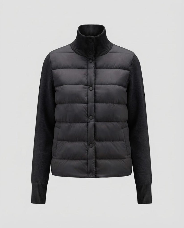 Women short cut quilted jacket with knitted sleeves and high ribbed collar Amarae