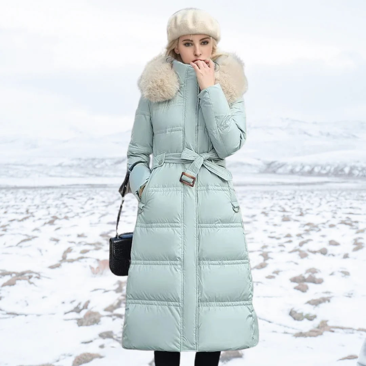 Lune London | Elegant Longer Quilted Coat with Hood Made Of Faux Fur for Women
