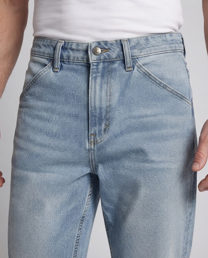 Men's wide tapered denim jeans with mid-rise waist and contrasting outer seam details Amarae