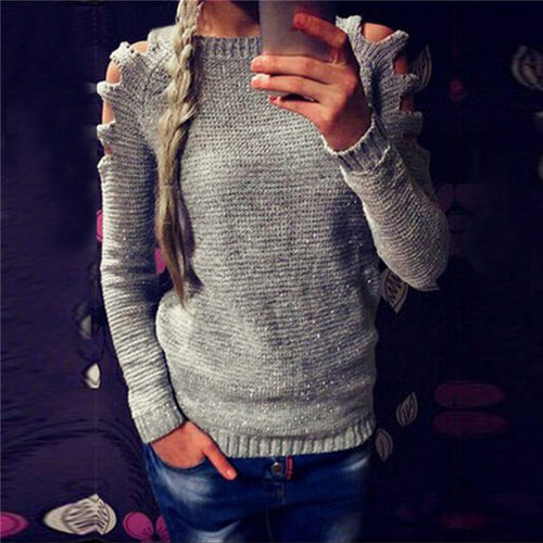 Pull en tricot pour femmes avec design à épaule dénudée et accents scintillants Chic & Stil