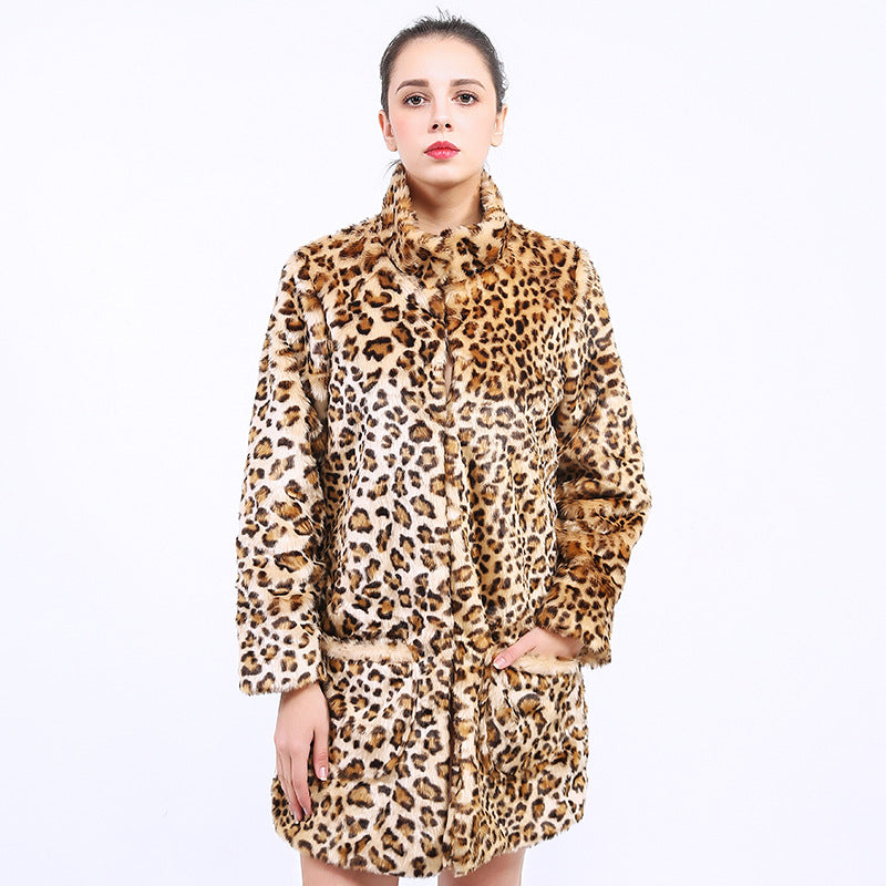 Leopard faux fur jacket for women with high collar and practical pockets Lune London
