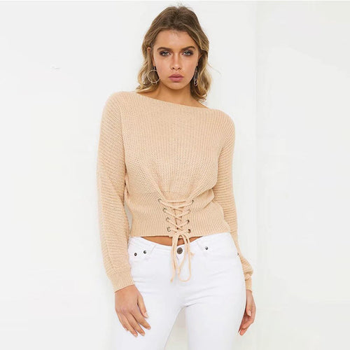 Short knitted pullover for women with fringe details and decorative lacing Amarae