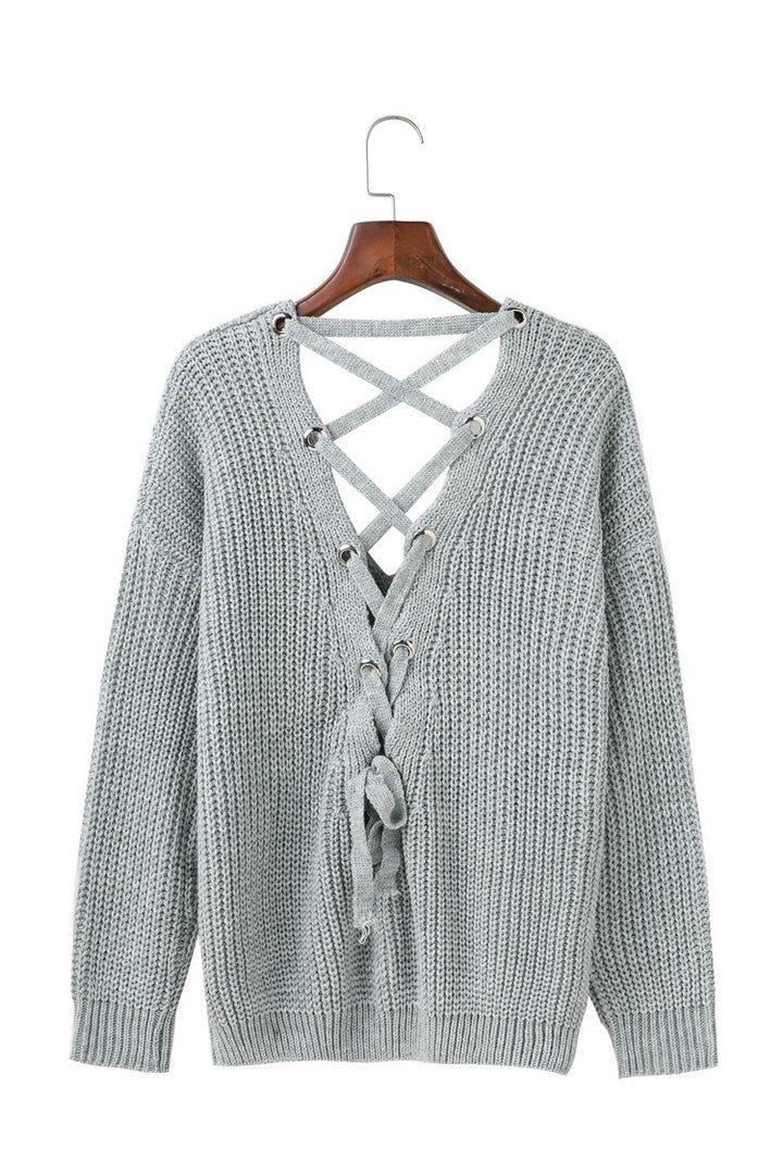 Women's knitted sweater with decorative neckline at the back and lace Lune London