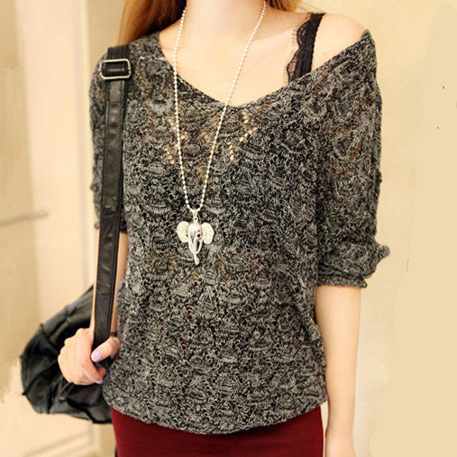 Airy knit sweater for women with V-neck and artistic pattern Lune London