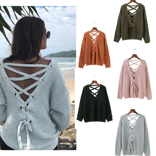Women's knitted sweater with decorative neckline at the back and lace Amarae