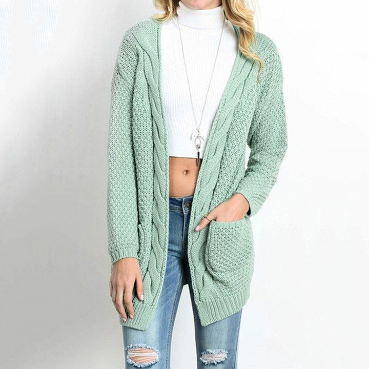 Chunky knit cardigan for women with open front and practical pockets Lune London