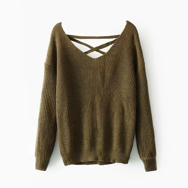 Knit sweater for women with deep V-neck and decorative design at the back Lune London