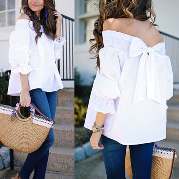Off-shoulder blouse for women with ruffle sleeves and bow detail Lune London