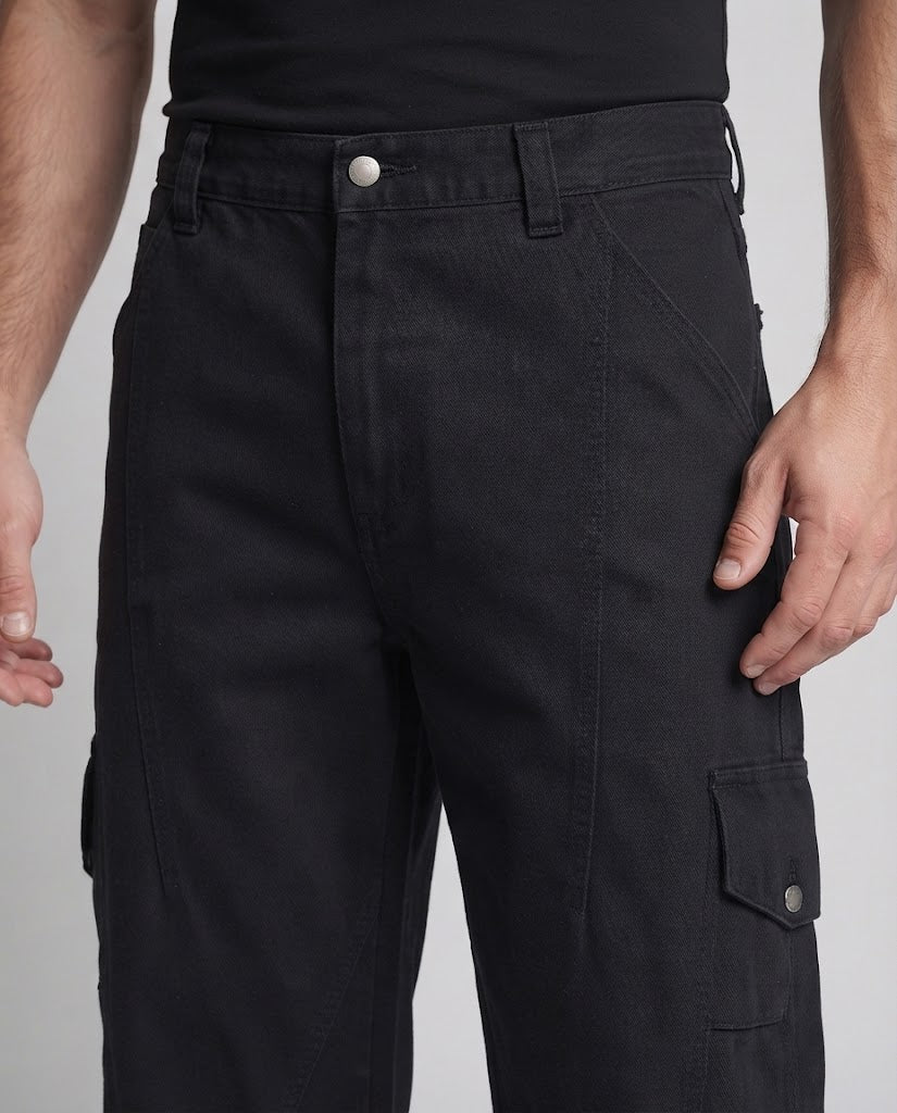 Men's Loose Utility Palazzo Cargo Pants made of durable canvas with rounded knee panels and snap-button side pockets Amarae
