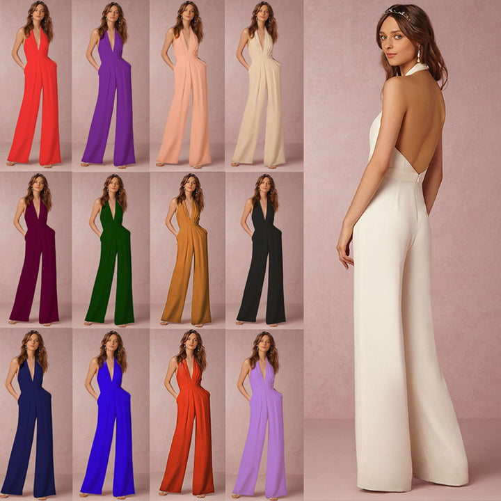 Ladies elegant jumpsuit with deep V-neckline and wide-leg silhouette Lune London