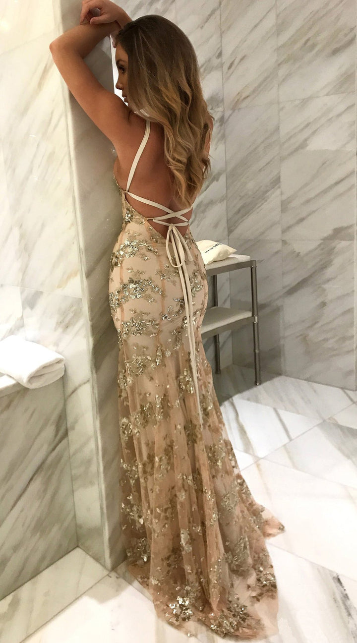 Women’s Glamorous Long Evening Dress with Sequins & V-Neck | Lune London