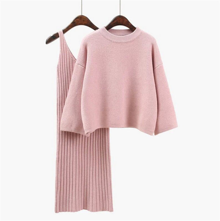 Women’s fashionable knitted set with a comfortable oversized sweater and a chic fitted dress.