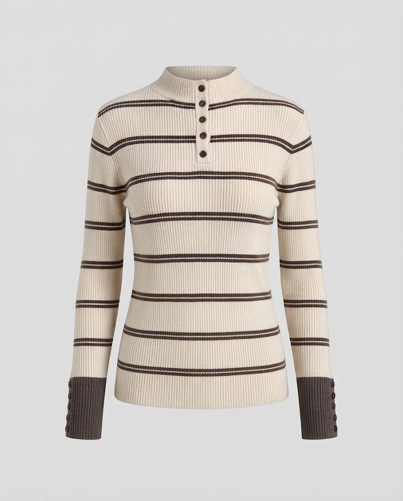 Women's Striped Ribbed Sweater with Stand-Up Collar, Button Placket, and Contrast Cuffs Amarae