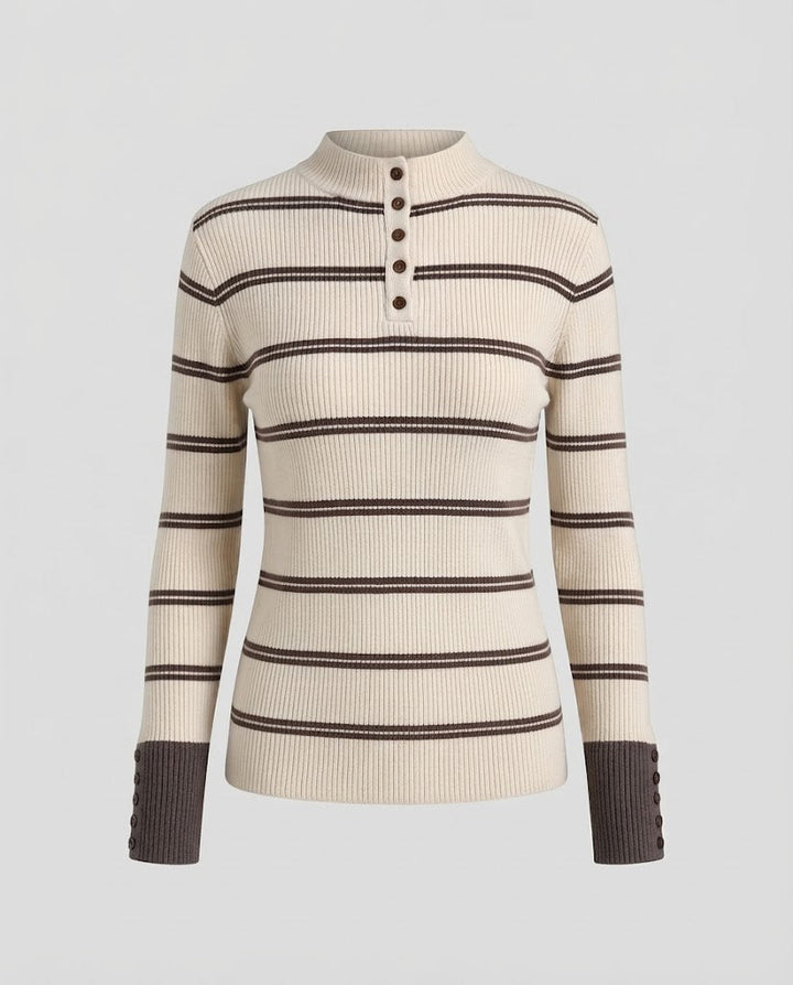 Women's Striped Ribbed Sweater with Stand-Up Collar, Button Placket, and Contrast Cuffs Amarae