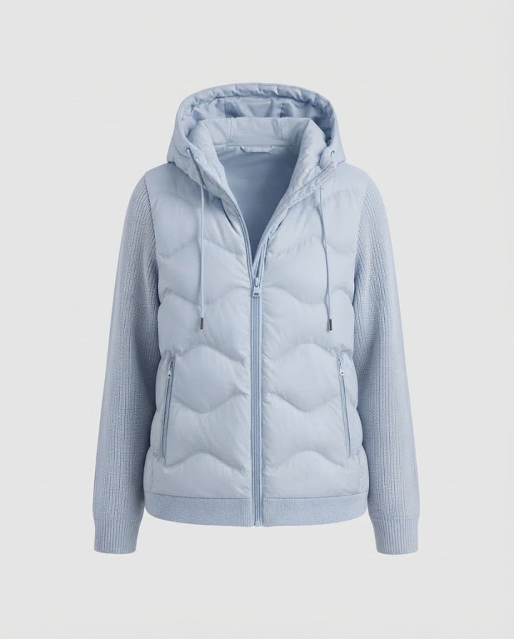 Women's hybrid quilted jacket with hood, quilted thermal front & knitted sleeves Amarae