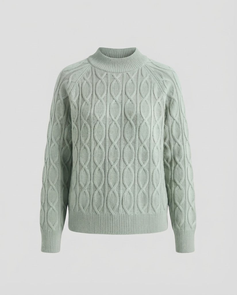 Women's fine knit pullover with cable pattern and standing collar Amarae