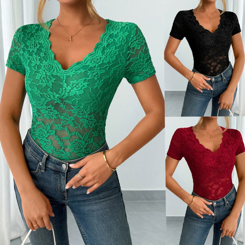 Amarae | Women Solid Sexy Lace V-Neck Short Sleeve