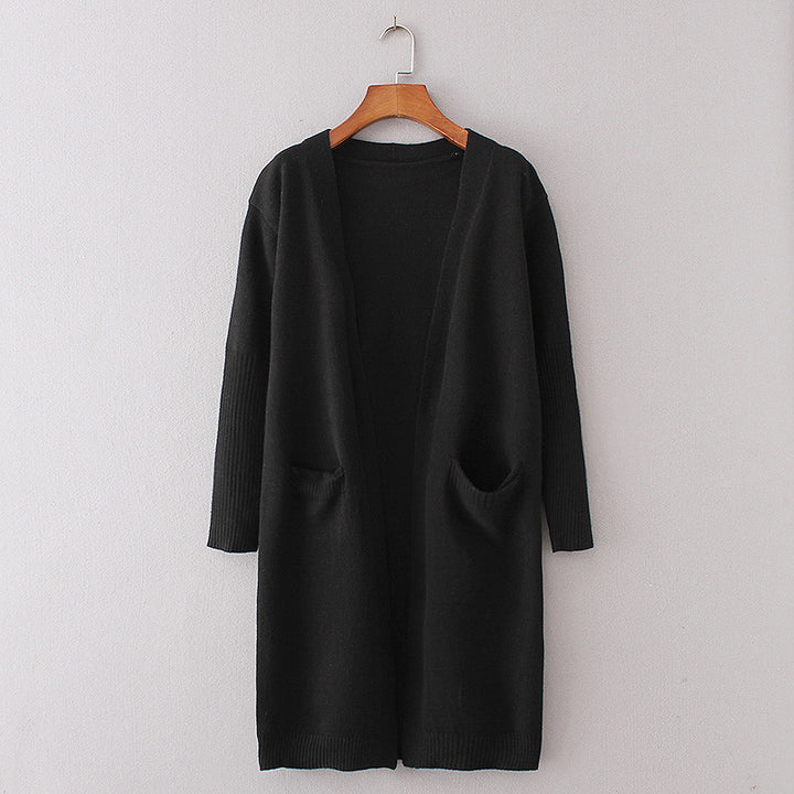 Ladies long cardigan with open fronts and practical side pockets Lune London