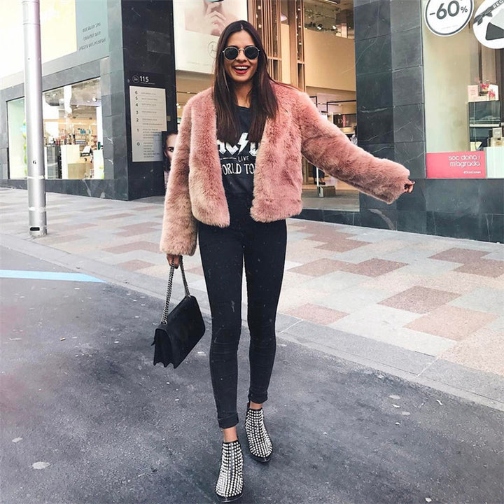 Ladies Elegant Faux Fur Coat with V Neck and Soft Lining Lune London