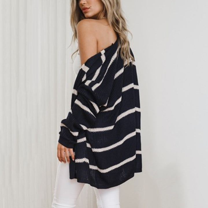 Ladies chunky knit cardigan with large pockets and a modern striped pattern Lune London