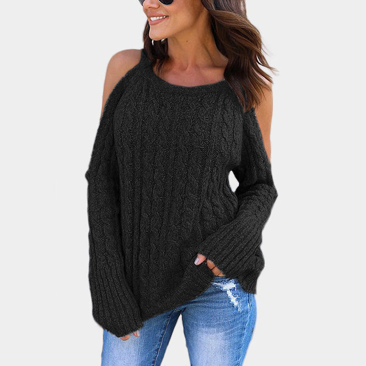 Chunky knit sweater for women with off-shoulder design and cable pattern Lune London