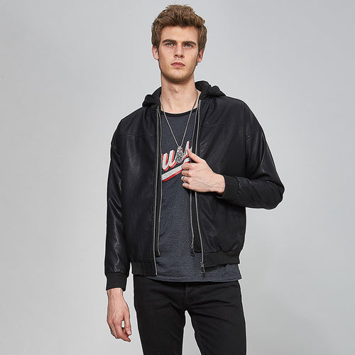 Elegant synthetic leather jacket for men with hood and warm lining Amarae